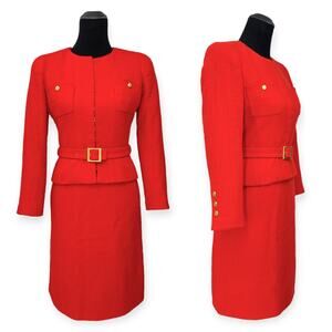 CHANEL VINTAGE 1996 Wool Blend Silk Lined Belted CC Jacket and Skirt Set FR38